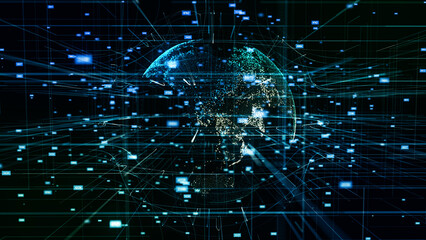 Virtual planet Earth with data connection network. Technological digital globe world background. Abstract sphere with particles and lines. Security artificial intelligence of planet. 3D rendering.