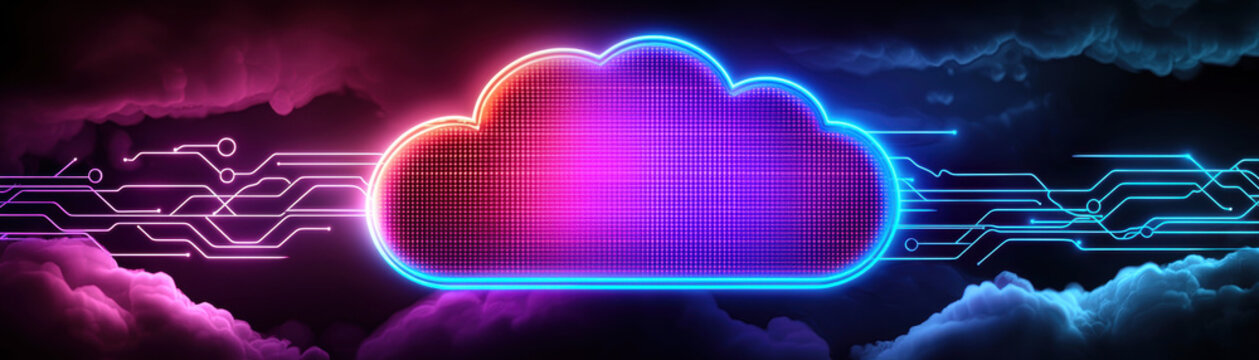 Cloud based file storage concept. Digital cloud with vibrant colors and data visuals in a futuristic style.