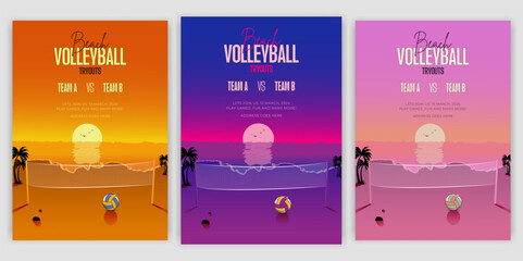 Beach volleyball tournament posters and flyer with a volleyball ball template Beach volleyball championship flyer layout design with vector elements award ribbon leaflet laurel wreath leisure games.
