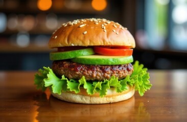 Delicious gourmet cheeseburger with fresh lettuce, tomato, and cucumber on a wooden table