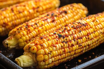 Grilled Corn on the Cob with Spices on Black Baking Tray Close-up View