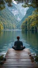 meditation. man sitting on pier. mountain landscape and lake background
