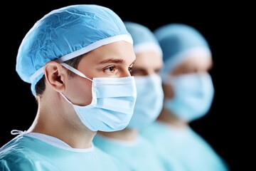 Surgeons in blue scrubs wearing disposable face masks during medical operation in sterile hospital environment with professional teamwork in surgery