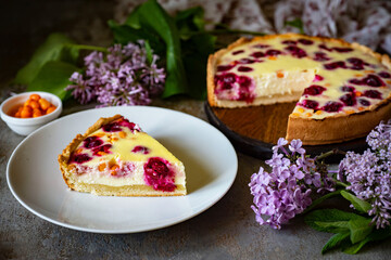 Sweet dessert for breakfast: Berry pie on a gray background. A piece of cherry pie and cherry pie for dessert on a gray background. Close-up