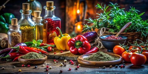 Night Photography: Charming Kitchen Ingredients - Spices and Herbs Illuminated