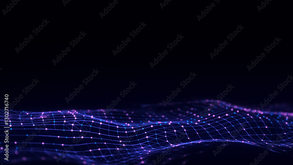 Poster digital technology wave. dark cyberspace with motion dots and lines. futuristic digital background. 