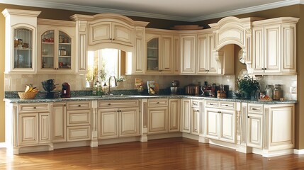Fototapeta premium Elegant off-white kitchen cabinets with granite countertops and hardwood floors.