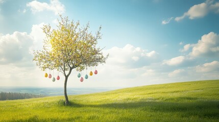 Obraz premium Easter Tree with Colorful Eggs Under Bright Sky and Green Field