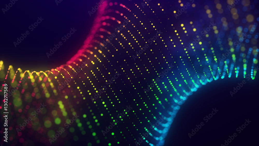 Poster Digital technology wave. Dark cyberspace with motion dots. Futuristic digital background. Abstract music background. Big data visualisation with particle flow. 3d rendering.