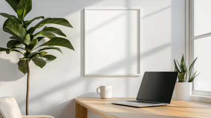 Fototapeta premium white framed poster mounted on a smooth gray wall. The frame is sleek and minimalistic