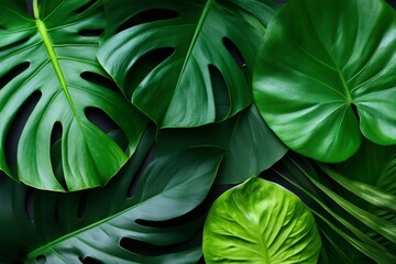Tropical green leaves creating vibrant natural pattern