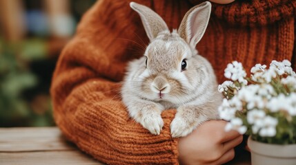 Cozy autumn moment with fluffy rabbit and white flowers