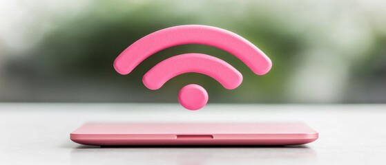 Fototapeta premium Digital pink WiFi signal icon floating above a modern smartphone representing wireless internet connectivity and fast mobile data exchange stock image