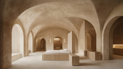  minimalist bedroom with a white bed frame, a wooden nightstand, and soft lighting, all placed in a clean, neutral-toned room