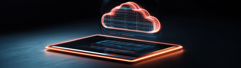 Obraz premium Cloud based file storage concept. Digital cloud concept above a tablet with glowing effects and data visuals.