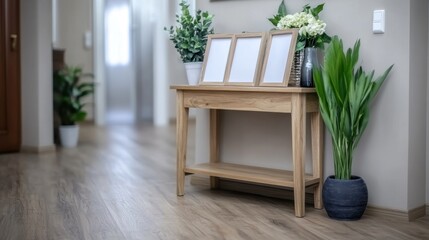 Fototapeta premium Elegant wooden hallway table with plants and blank frames