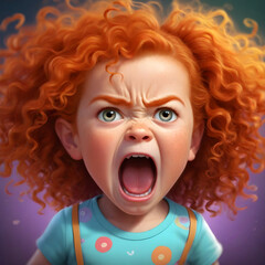 Surprised red-haired girl with long curly hair. Angry girl with red curly hair. 3 year old ginger hair child screaming illustration 	
