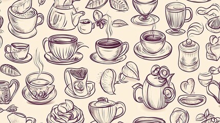 Hand-drawn Sketches of Tea and Coffee Cups with Leaves and Flowers in a Seamless Pattern