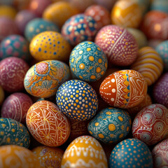 Obraz premium A pile of brightly colored Easter eggs, intricately decorated with patterns and designs, representing the rich tradition and artistry associated with celebrating the Easter holiday. 