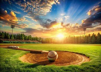 Nostalgic Baseball Field Panorama: Sun-Drenched Diamond with Pitcher's Mound