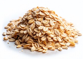 Obraz premium Oat flakes on white background, low light, textured, food photography, close-up