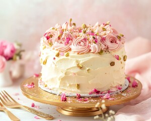 a rose pistachio cake on golden cake board Beautiful floral decorated cake on a table.