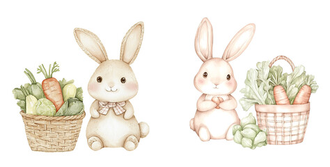 Obraz premium Adorable Watercolor Rabbits with Fresh Vegetables in Baskets Easter Spring Illustration