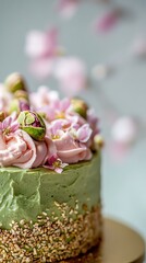a rose pistachio cake on golden cake board Delicious cake adorned with floral decorations.