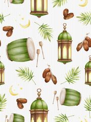 Watercolor ramadan seamless pattern on shade of green and brown isolated on white background with vertical line pattern. Simple pattern for ramadan occasion, paper wrap, fabric or wallpaper. 