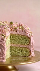 a rose pistachio cake on golden cake board Layered cake with pink frosting and pistachios