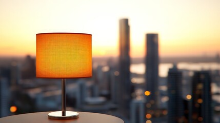 Cozy desk lamp with warm light glowing on table near stack of books against city skyline during sunset creating a study ambiance