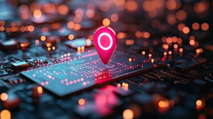 Glowing neon pink location pin on a futuristic circuit board, symbolizing the digital age.