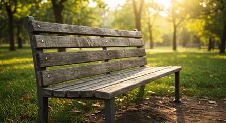 Tranquil park bench beckons amidst a sun-dappled green landscape ambiance setting