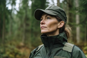 Middle age female forest ranger wearing uniform in nature