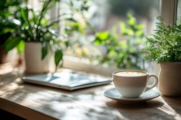 Cappuccino with latte art near window with plants and laptop on wooden table