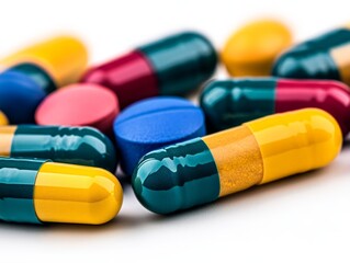 Colorful pharmaceutical capsules scattered on a white surface representing prescription medication treatment and healthcare industry advancements