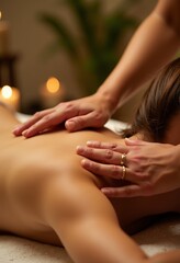 Soothing Relief: Close-Up of Expert Hands Massaging a Woman's Neck and Back, Alleviating Tension in a Spa Atmosphere

