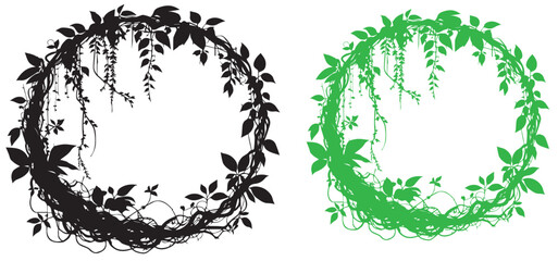 Round wreath frame of garden flowers black and white graphics drawing vector isolated on white background. Decorative floral design black white silhouette vector 