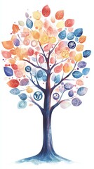 digital franchise growth, connected business expansion, futuristic brand design A vibrant tree with colorful watercolor leaves.