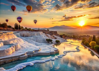 Pamukkale Sunrise: Hot Air Balloons Soaring Over Travertine Terraces in Denizli, Turkey