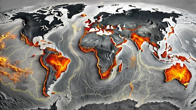 Pacific Ring of Fire: Tectonic Plate Activity, Global Loximuthal Map, Grayscale Elevation & Bathymetry Double Exposure