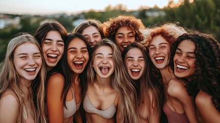Fototapeta premium Smiling diverse women group laughing together outdoors with trees and sunlight in the background