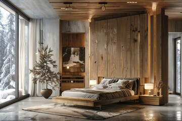 A Modern Bedroom with Wooden Furniture, a Concrete Floor, Warm Lighting in a Winter Day