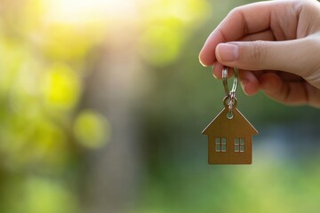 Hand Holding House Keychain With Soft Focus Background of Green Nature Light