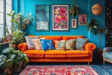 Orange sofa dominating exotic living room decorated with houseplants