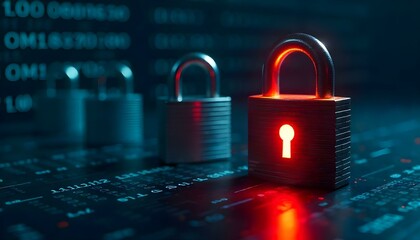 Obra de arte digital conceptual centrada en la ciberseguridad, que presenta una serie de candados con un fondo de código hexadecimal