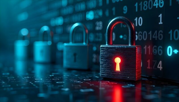 Obra de arte digital conceptual centrada en la ciberseguridad, que presenta una serie de candados con un fondo de código hexadecimal