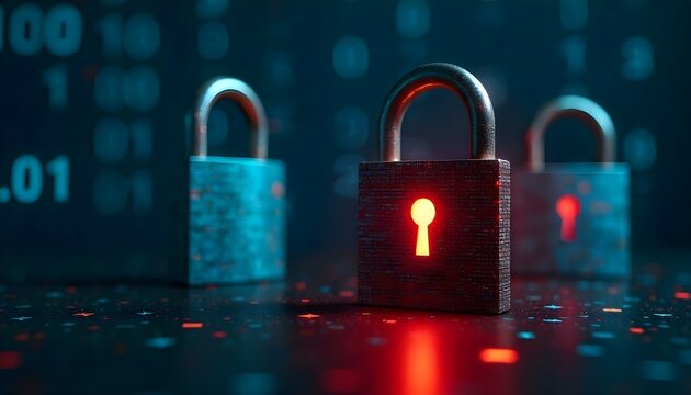 Obra de arte digital conceptual centrada en la ciberseguridad, que presenta una serie de candados con un fondo de código hexadecimal