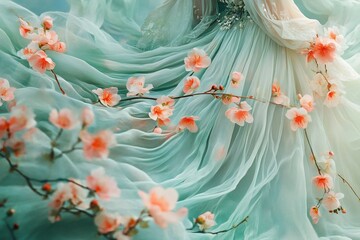 Delicate pink flowers adorning flowing aquamarine dress