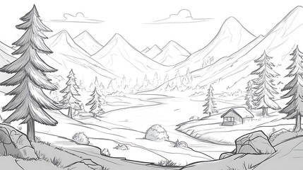 Sketch of a Mountain Cabin Beside a River